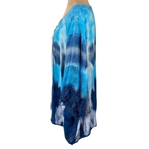 Cato Knit Top Lace-Up V-Neck Size 22/24 Blue Teal Lace Trim - Picture 2 of 7